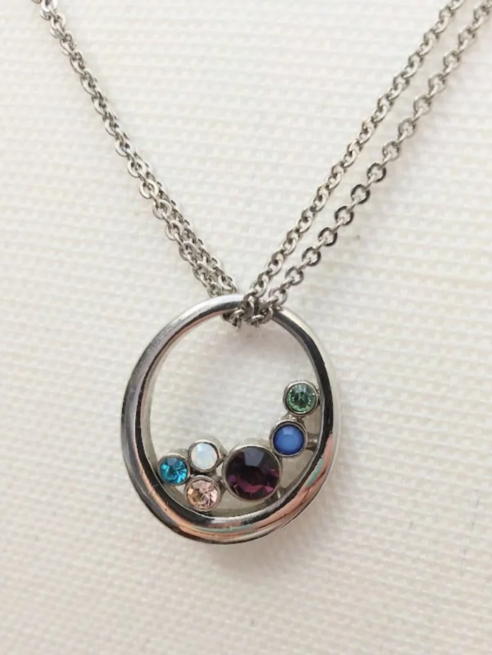 Lia Sophia Necklace Silver Tone Gemstone Circle Pendant with Multi Strand Chain